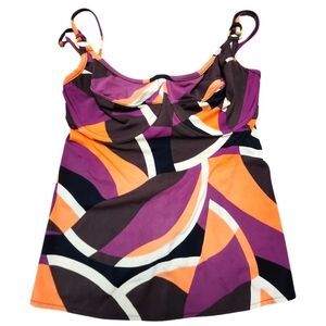 Tara Grinna Purple, Orange, Brown Abstract Apron Back Tankini Top. Sz. 32-36 D